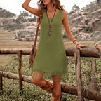 Women's Elegant Solid Color Boho Dress - V-Neck Fringe Detail Sleeveless Summer Dress