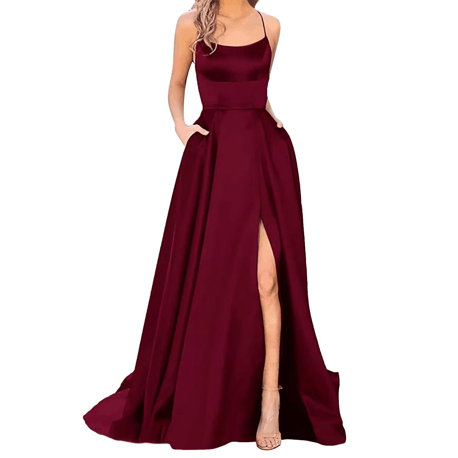 Burgundy satin long formal dress with spaghetti straps and side slit skirt