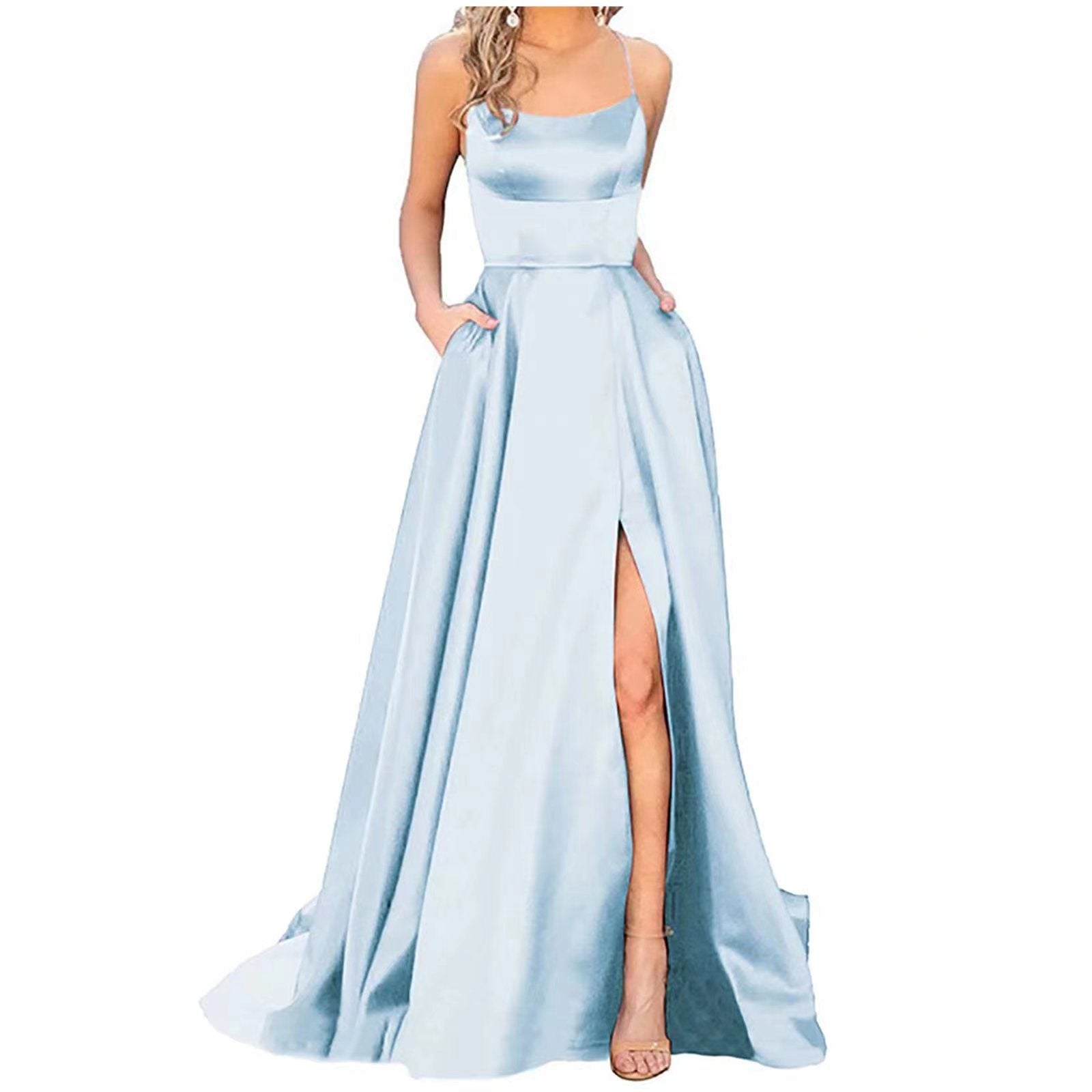 Light blue satin long formal dress with spaghetti straps and front side slit