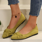 Matcha knit pointed-toe loafers with bow and gold beaded ankle chain