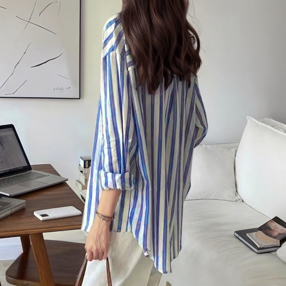 Blue and white striped long-sleeve button-up shirt, straight back view with collar and hem
