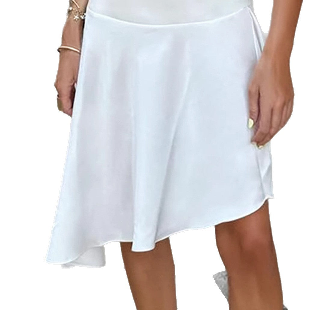 Women's white satin velvet skirt hem detail, flared A-line with asymmetric edge