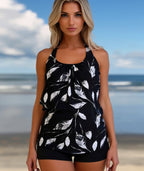Two-piece casual swimsuit: leaf-print tank with scoop neck and matching shorts