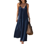 Navy blue tiered maxi dress with spaghetti straps and V-neck front