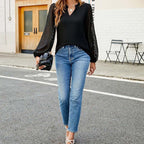 Womens Casual Lace Long Sleeve Chiffon Shirts Dressy Casual V Neck Blouses Business Work Tops