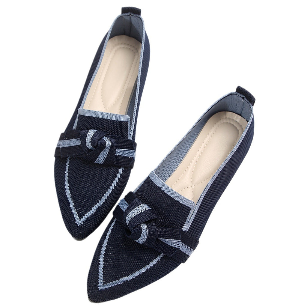 Navy woven bow pointed toe flats with light contrast piping and knotted bow detail