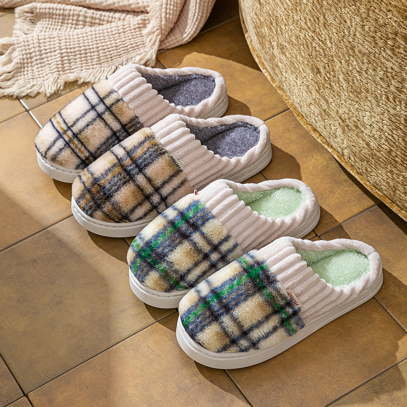 Two pairs of plaid plush indoor slippers, ribbed cream trim; blue plaid with gray lining, green plaid with mint lining.