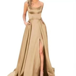 Beige sleeveless maxi dress with square neckline and front slit
