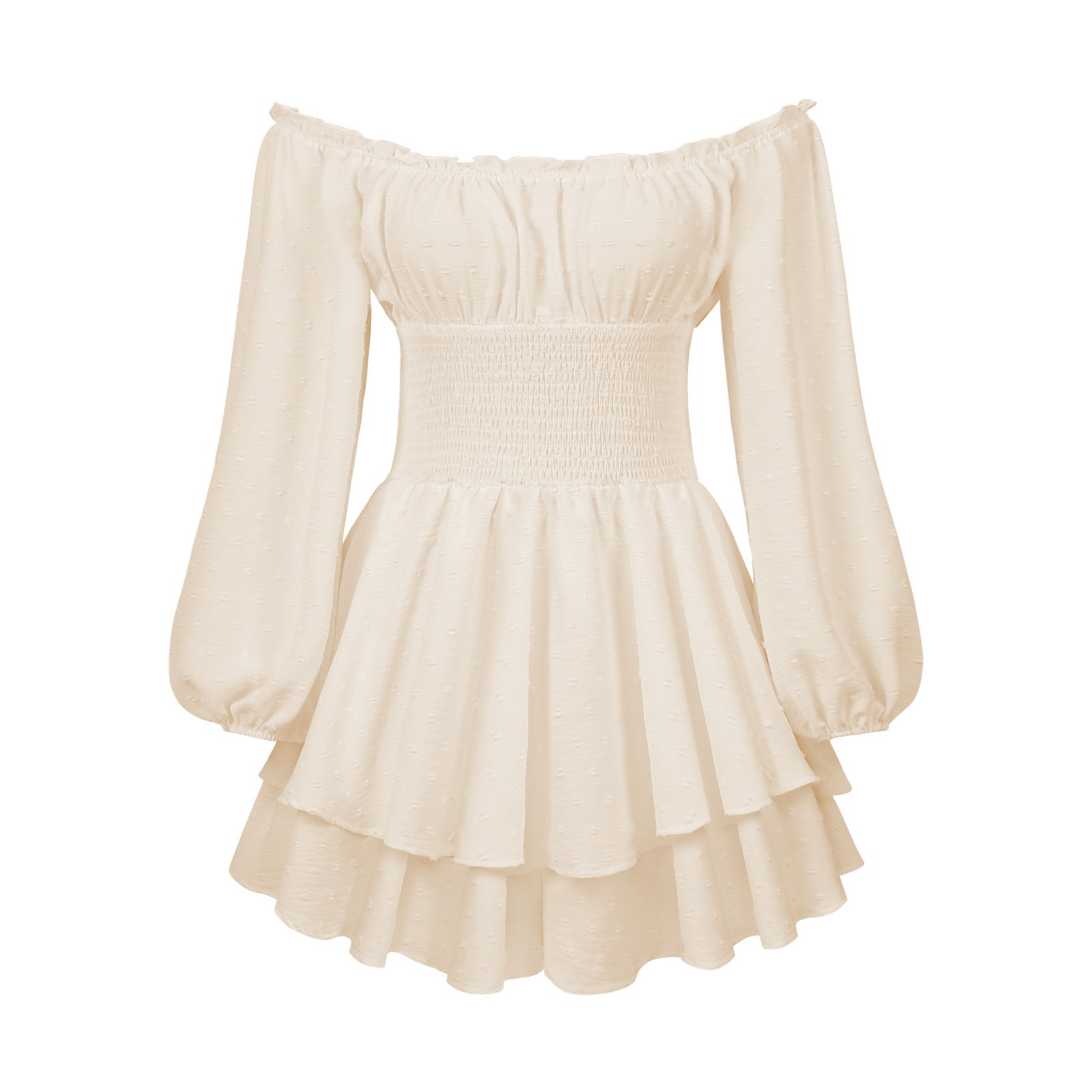 White off-shoulder long sleeve pleated jumpsuit with tiered ruffle skirt