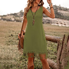 Women's Elegant Solid Color Boho Dress - V-Neck Fringe Detail Sleeveless Summer Dress