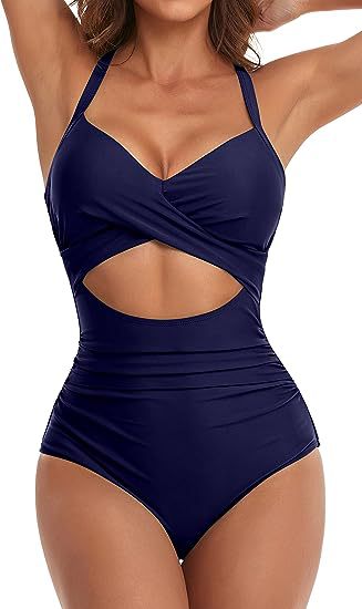 Women's cross one-piece swimsuit in dark blue with waist cutout