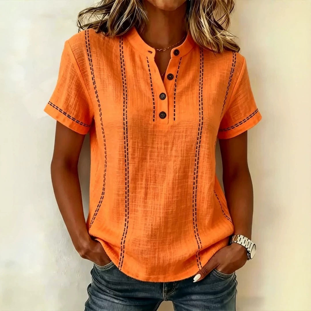 Summer Striped Short-Sleeve Shirts Casual Stand-Collar V-neck Button Blouse Womens Clothing(New)