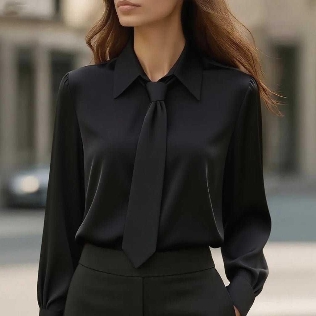 Black long-sleeve tie-front shirt with point collar and neck tie detail