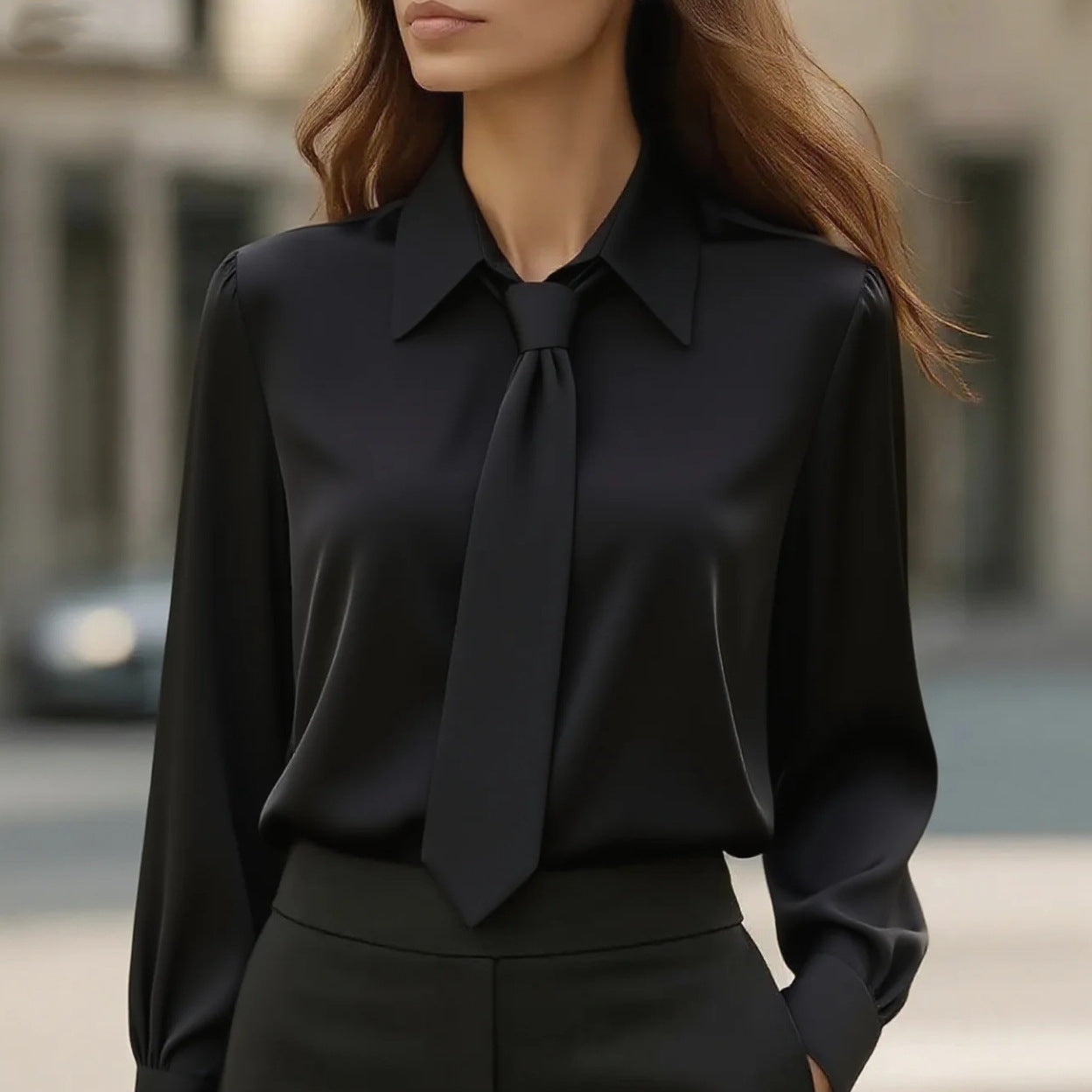 Black long-sleeve tie-front shirt with point collar and neck tie detail