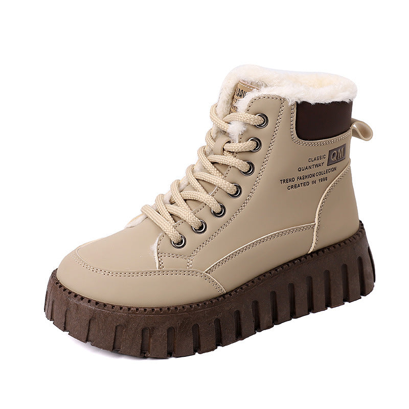 Light khaki lace-up snow boots with sherpa lining and thick rubber tread platform
