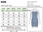 Denim dress size chart with bust, waist, hips, and length measurements in CM