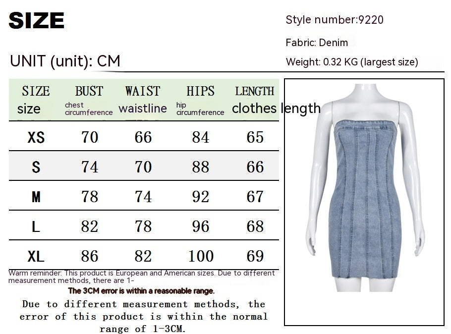 Denim dress size chart with bust, waist, hips, and length measurements in CM