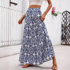 Blue patterned maxi swing skirt with circular medallion motifs and full flare
