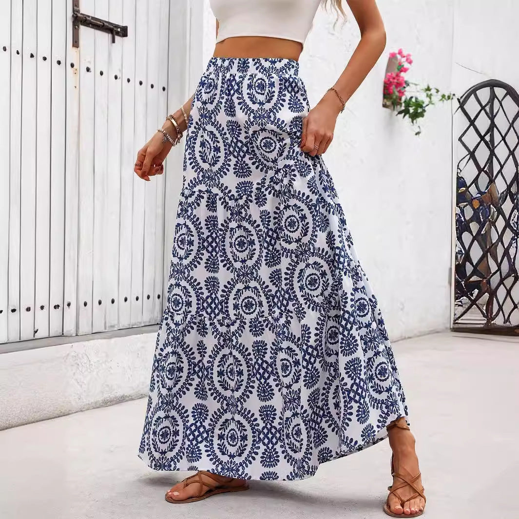 Blue patterned maxi swing skirt with circular medallion motifs and full flare