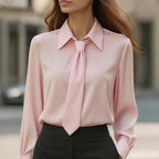 Pink long-sleeve tie-front shirt with point collar and neck tie detail
