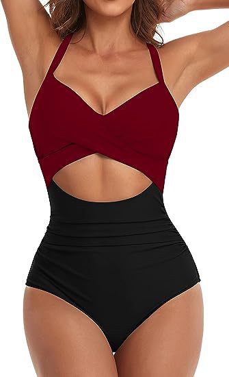Burgundy and black one-piece swimsuit with cross V neckline and waist cutout