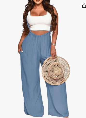 Women’s sleeveless jumpsuit in dusty blue with wide legs and elastic waist, cropped top