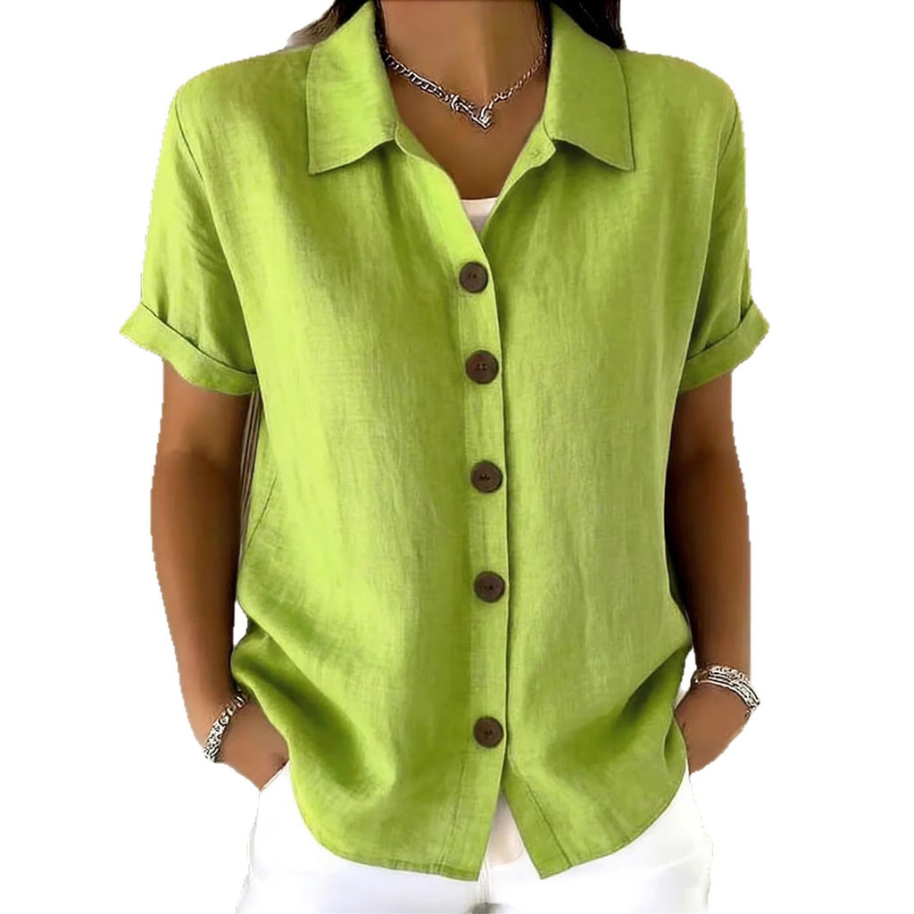 Button-down short-sleeve shirt in lime green with button front and point collar