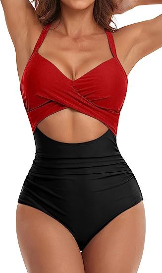Red and black one-piece swimsuit with cross front V neckline and waist cutout