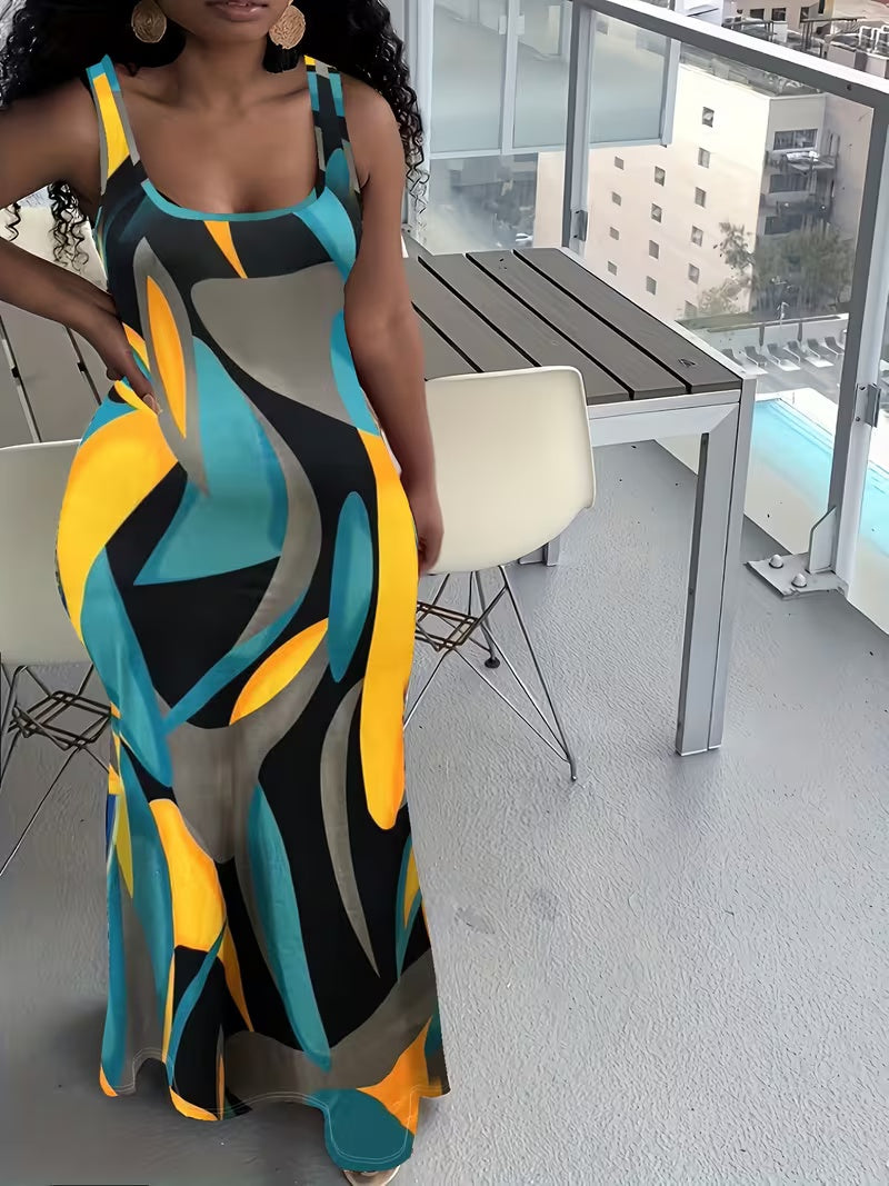 Sleeveless plus-size dress with round neck, abstract color-block print, side pockets