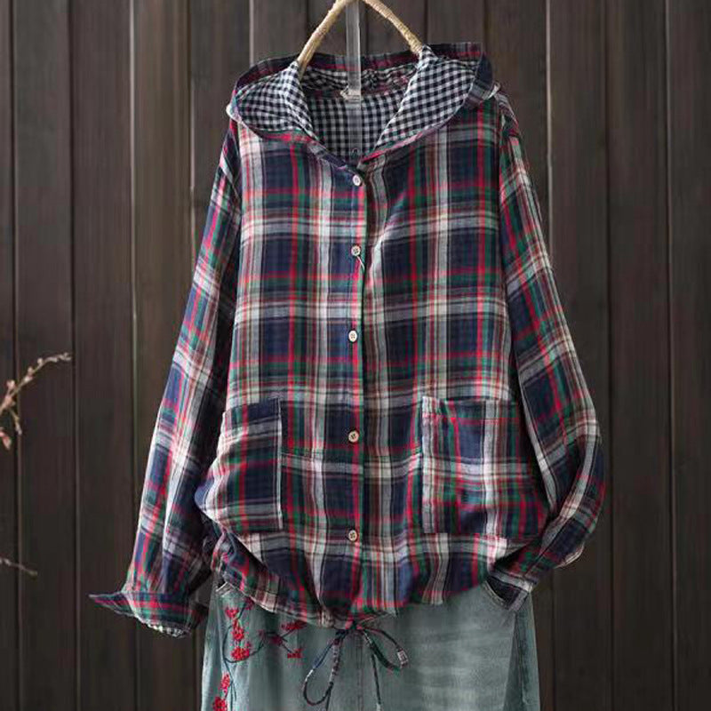 Multicolor plaid hooded overshirt with button front and front pocket
