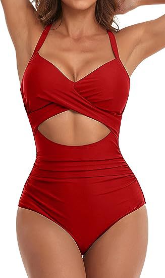 Women's cross one-piece swimsuit in red with waist cutout