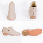 Beige suede-look ankle boots with side zipper and stacked block heel