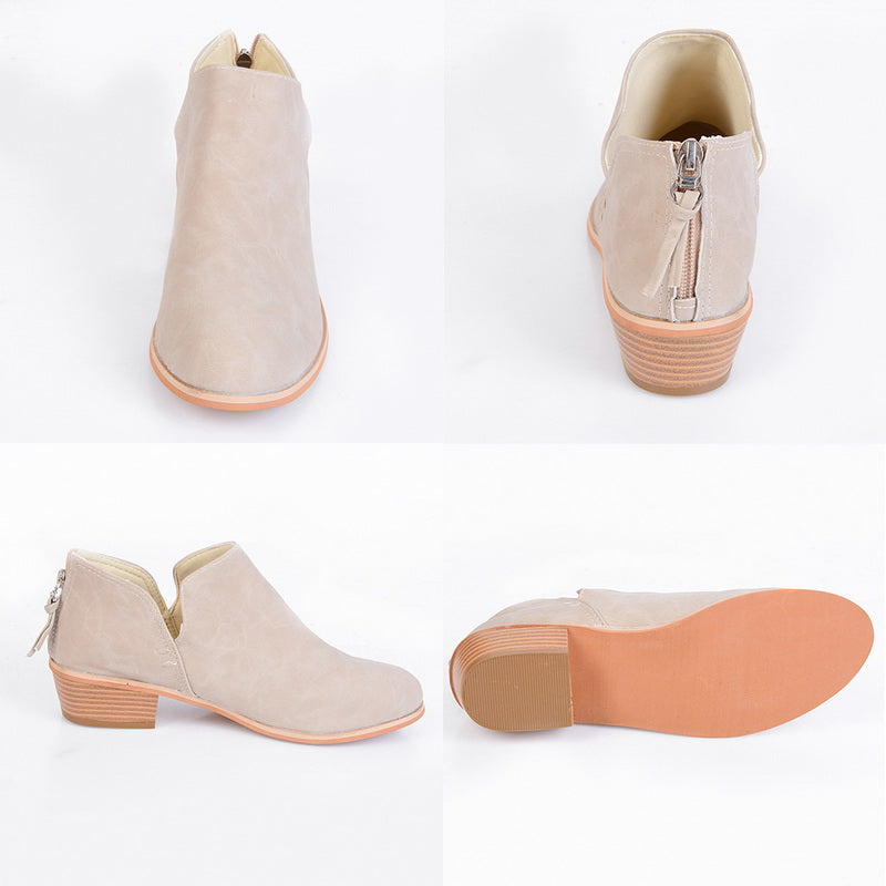 Beige suede-look ankle boots with side zipper and stacked block heel