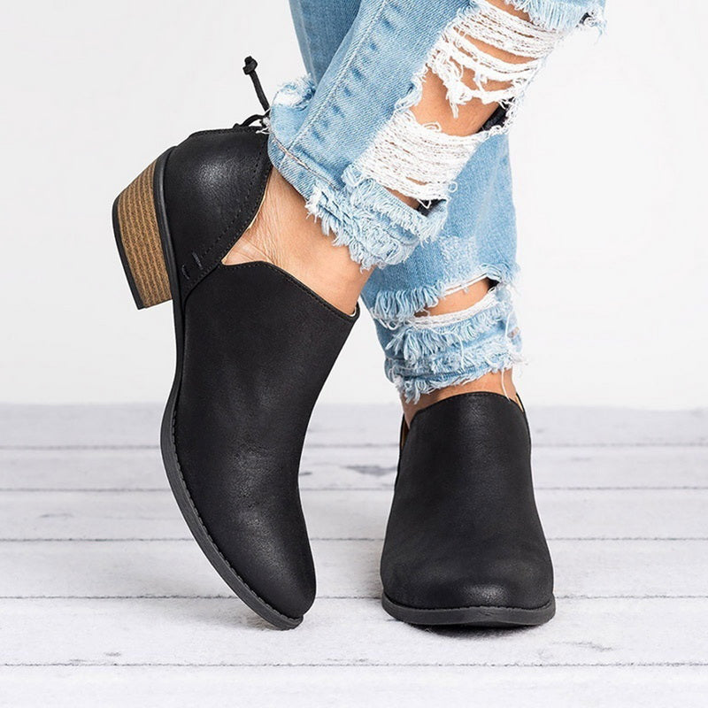 Black suede-look ankle boots with side zipper and stacked block heel