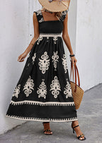 Women’s sleeveless square-neck printed dress with smocked waist and border hem