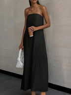 Black strapless linen maxi dress with high waist and backless cut