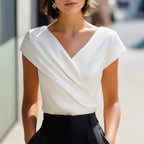 White slim-fit V-neck t-shirt with short sleeves and diagonal wrap front