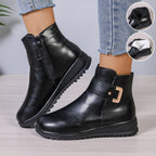 Women’s black winter ankle boots with side zipper and warm faux fur lining