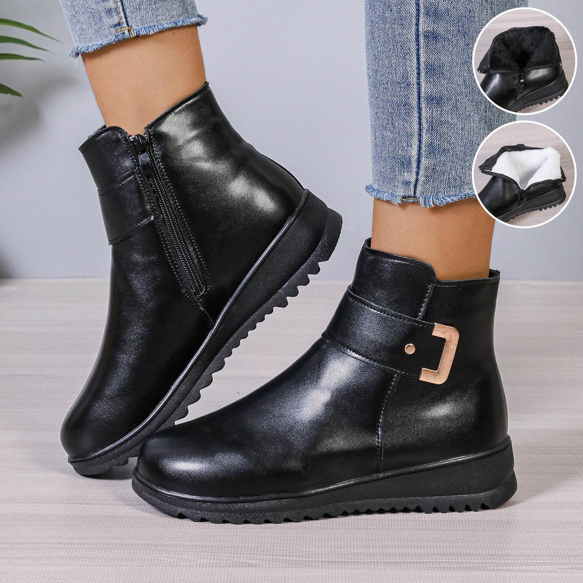 Women’s black winter ankle boots with side zipper and warm faux fur lining