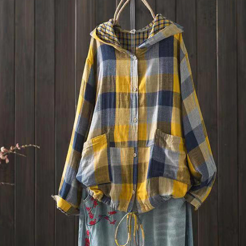 Yellow and blue plaid hooded cotton-linen overshirt with snap buttons and drawstring hem