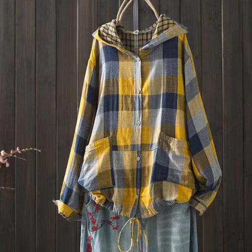 Yellow and blue plaid hooded cotton-linen overshirt with snap buttons and drawstring hem