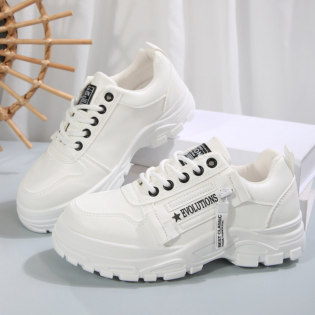 White lace-up chunky-sole sneakers with side logo strap and cushioned collar