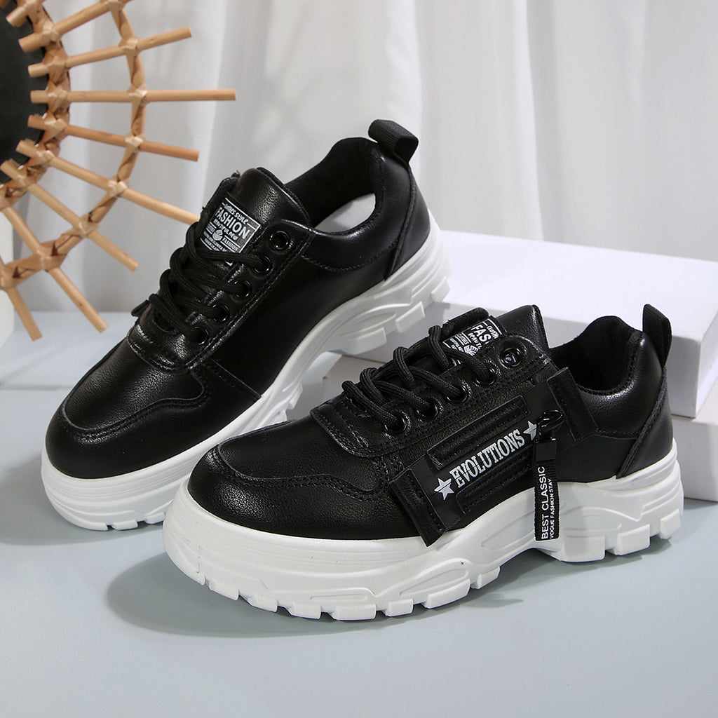 Black lace-up chunky-sole sneakers with side logo strap and white outsole
