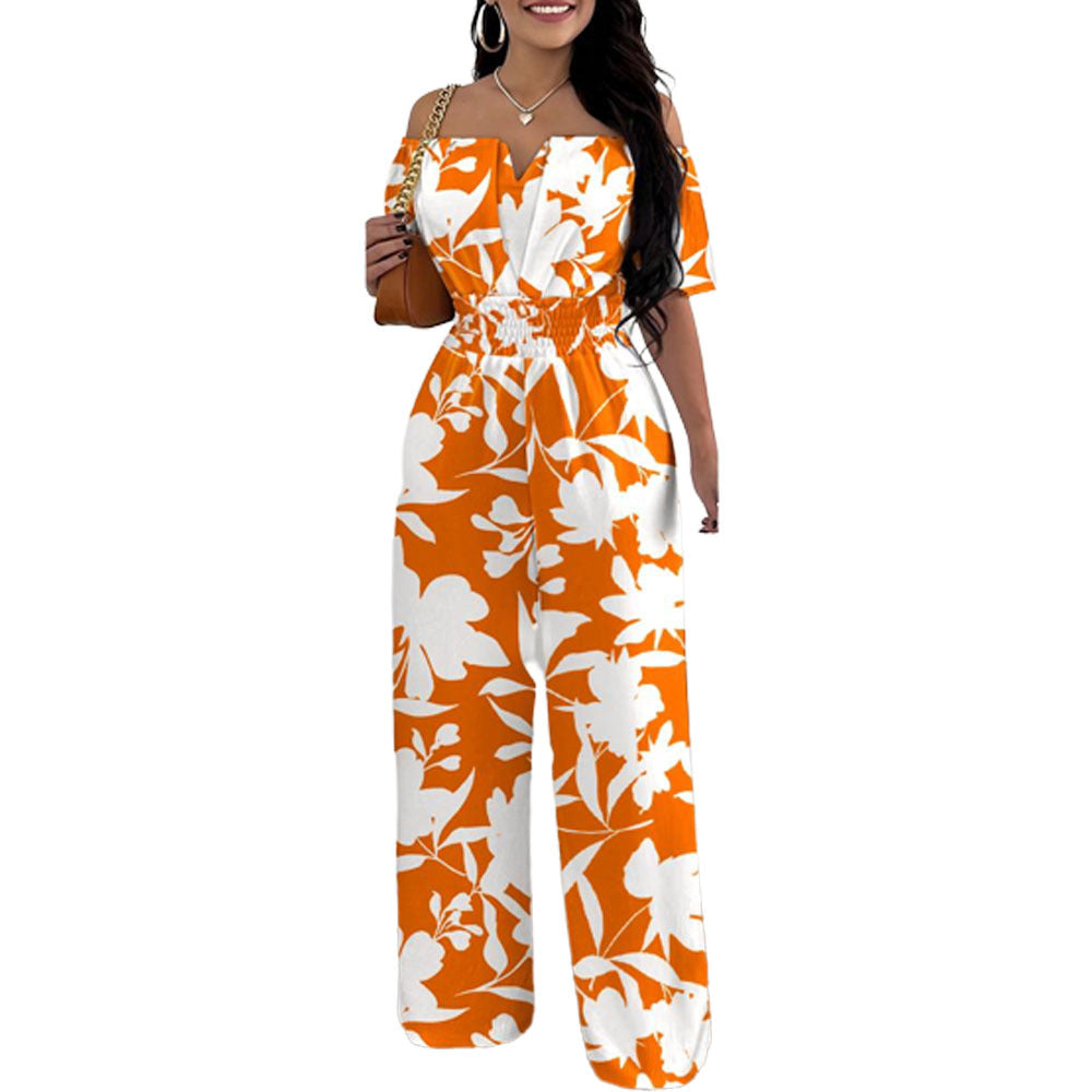 Orange and white floral off-neck loose jumpsuit with elastic waist and wide legs