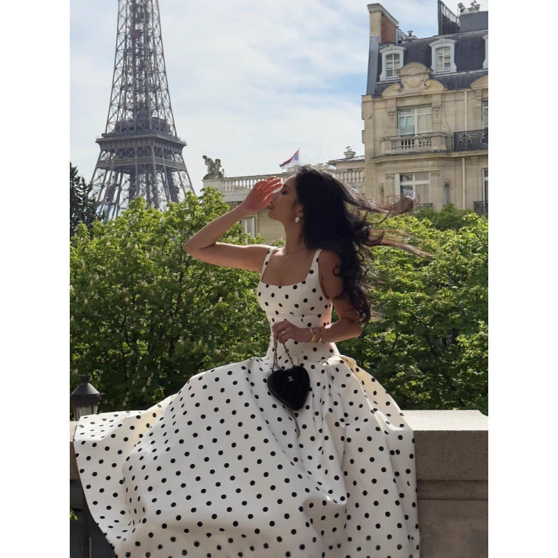 Square Collar Polka-dot Cinched Pleated Large Swing Sling Dress