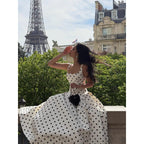 Square Collar Polka-dot Cinched Pleated Large Swing Sling Dress