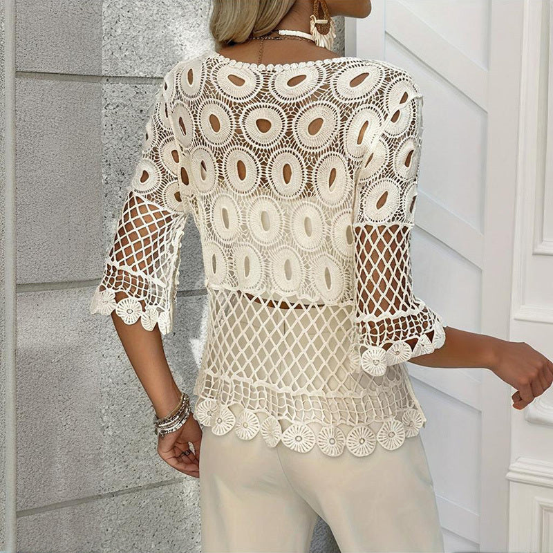 Women's Solid Color Round Neck Crochet Knit Top - Lace Half  Sleeve Summer Cover Up With Sheer Cutout Design