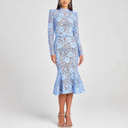 Slim Fit Slimming See-through Lace Hollow Belt Long Sleeve Fishtail Dress