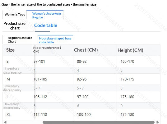 Women’s underwear regular size chart table with hip circumference and chest (CM)
