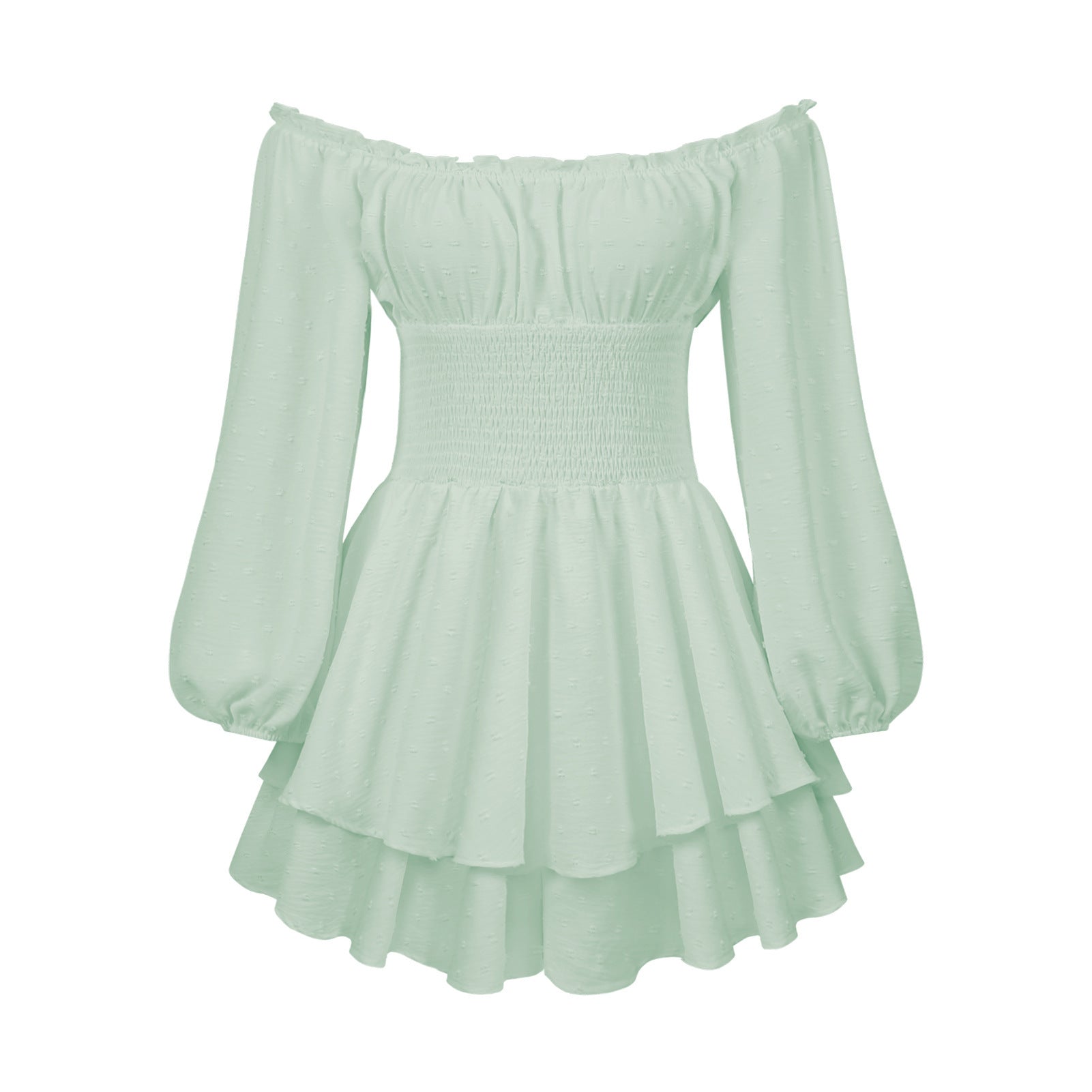 Mint green off-shoulder ruffle jumpsuit flat lay with long sleeves and tiered skirt